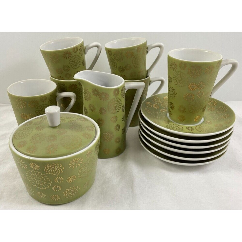 Avocado Green Gold MCM Cup & Saucer Set Creamer Sugar Floral Vintage Retro